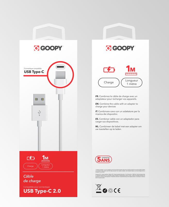 Câble de charge USB-C - 1M - Charge rapide 2A - Blanc