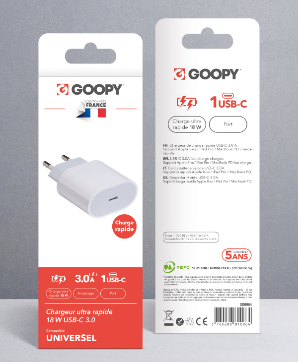 Chargeur ultra rapide 18W USB-C 3.0 - Goopy : Accessoires mobile & tablette