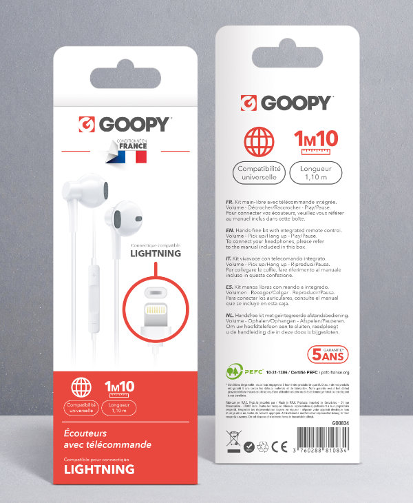 Ecouteurs lightning avec télécommande - Goopy : Accessoires mobile